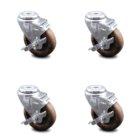 Service Caster 4 Inch High Temp Glass Filled Nylon Wheel Swivel Bolt Hole Caster Set with Brake SCC-BH20S414-GFNSHT-TLB-4